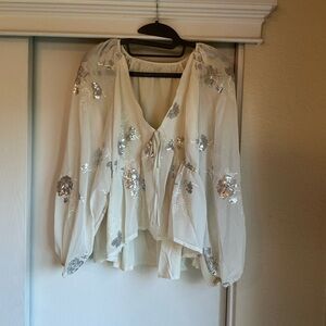 SHEIN White and Silver Floral Blouse